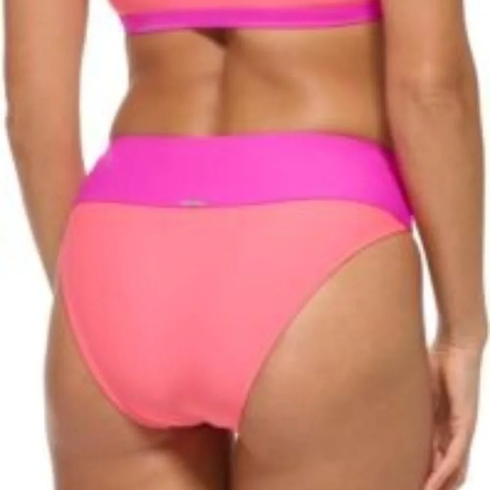 DKNY Colorblocked High-Waisted Bikini Bottoms Punch Pink XL